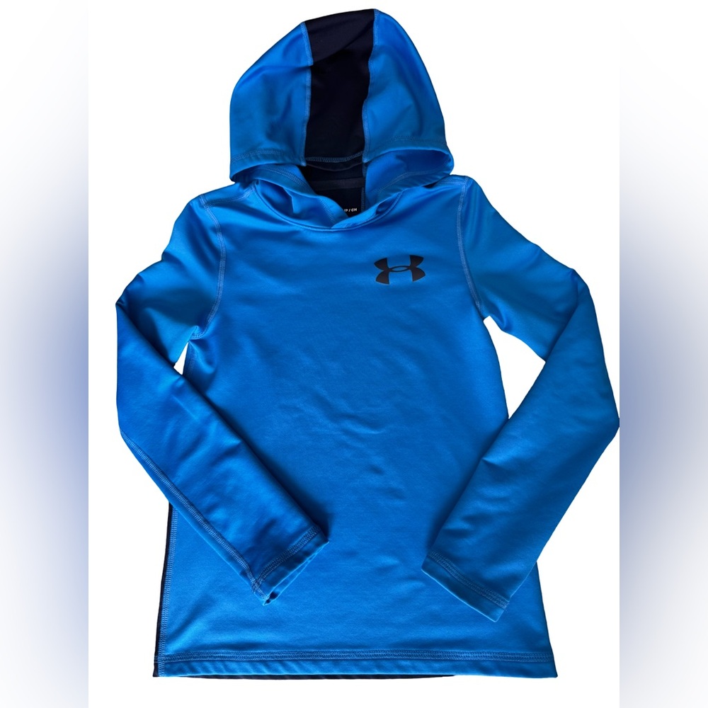 Under Armour ColdGear Blue Hooded Shirt Hoodie Youth Boy's Small Colorblock EUC